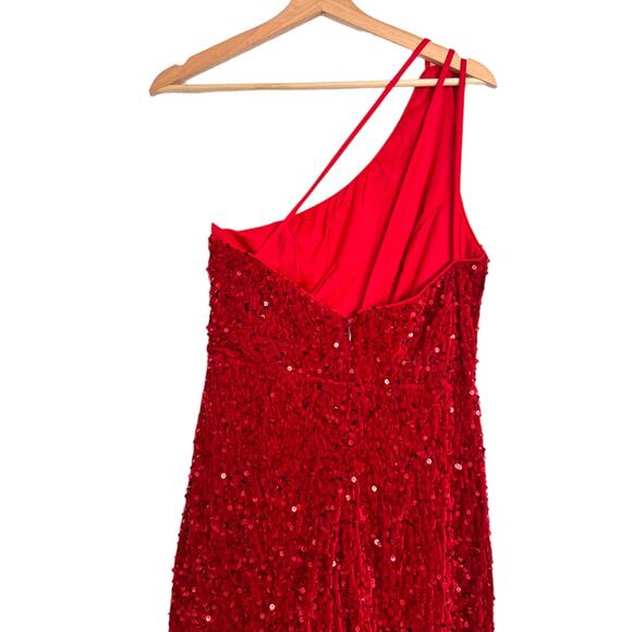 Faeriesty Red Sequin Velour Floor Length Mermaid One Shoulder Gown Women's M/L - Picture 5 of 13